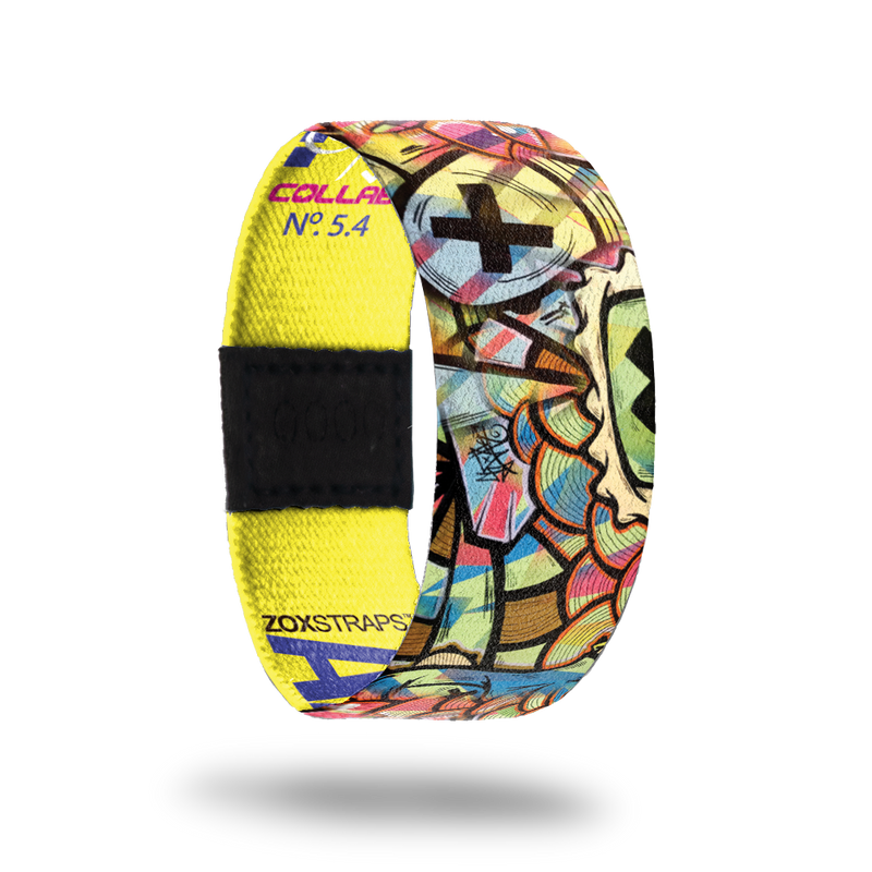 Adventure-Sold Out-ZOX - This item is sold out and will not be restocked. Brightly colored abstract designs with black Xs all over. The inside is yellow and says Adventure. 