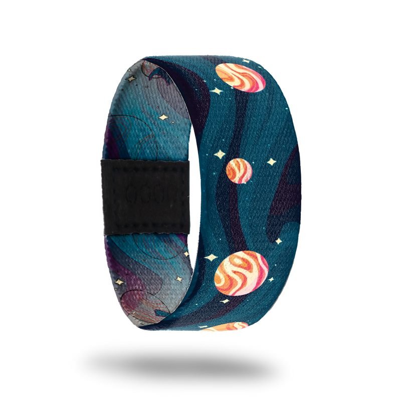 Aphelion-Sold Out-ZOX - This item is sold out and will not be restocked. Blue and dark teal swirls all over with orange and yellow planets that look like Jupiter. Inside is the same and says Aphelion. 