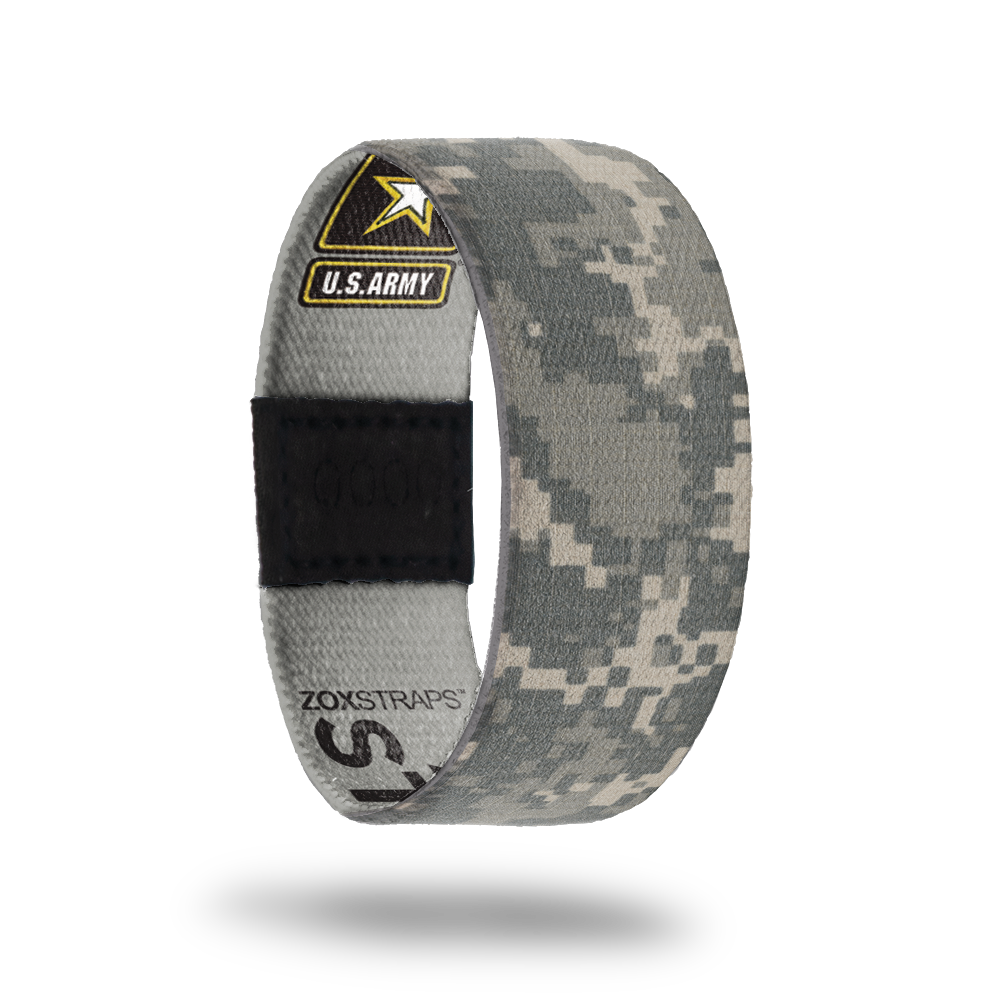 Army Strong-Sold Out-ZOX - This item is sold out and will not be restocked. Grey and olive green digital camo. The inside says Army Strong and has the official US Army logo. 