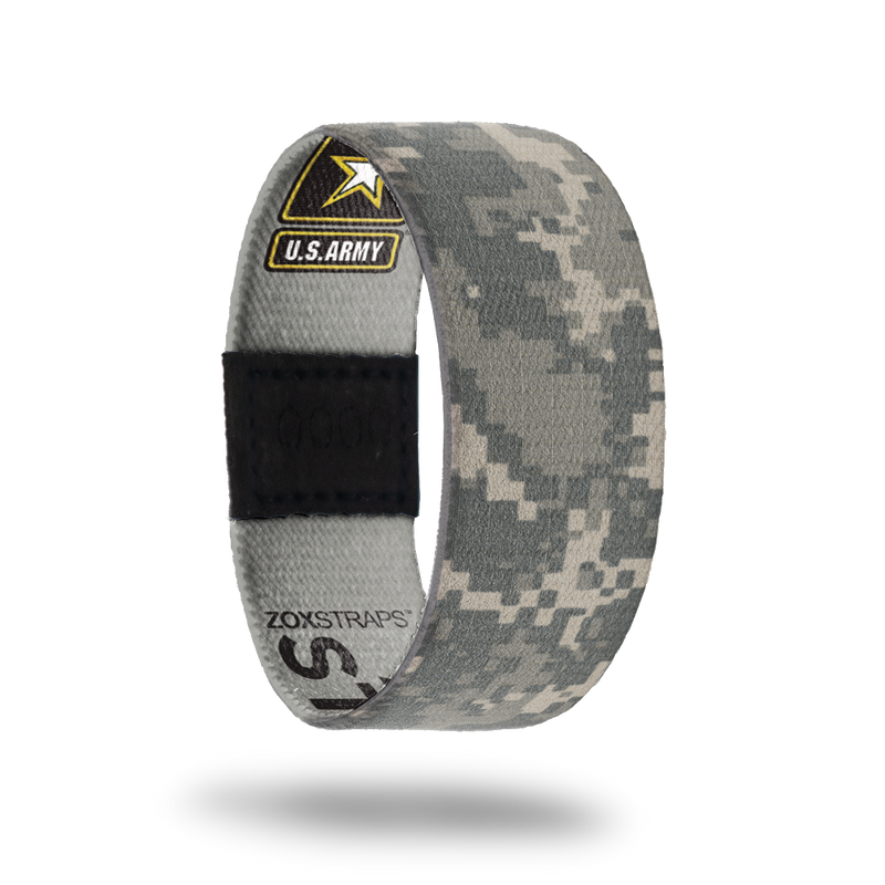 Army Strong-Sold Out-ZOX - This item is sold out and will not be restocked. Grey and olive green digital camo. The inside says Army Strong and has the official US Army logo. 