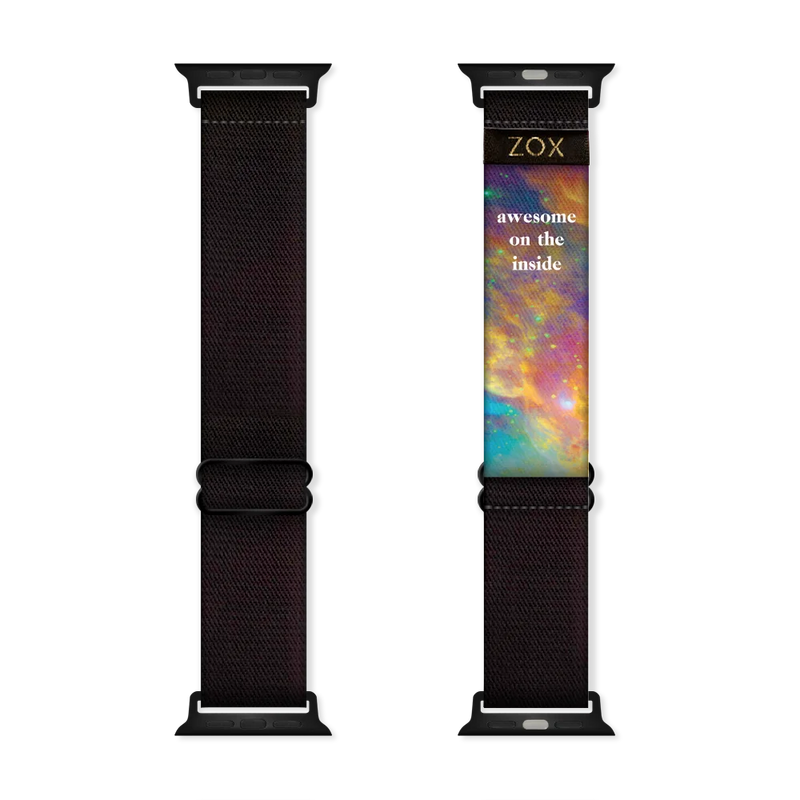 This is a watchband that is all black on the outside. The inside is half black and half multicolored space/galaxy themed.  Each watchband has a different pattern of colors and stars.  The inside also reads Awesome On The Inside. 