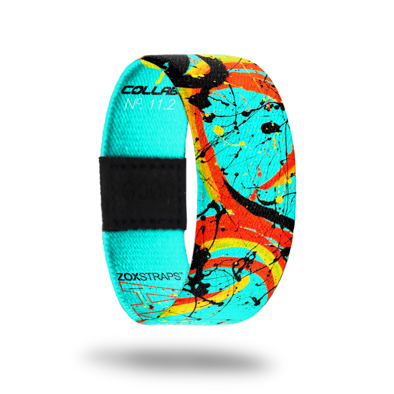 Axiom.-Sold Out-ZOX - This item is sold out and will not be restocked.  Outside Design Light blue with red and yellow paint splatters and black paint swipes shooting across the Strap. Inside Design Light blue with "Axiom" typography cutout from the painting on the front.