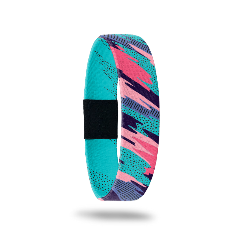 Outside Design of Be You, Bravely: fluid dark pink, light pink, dark purple, light purple, and teal design with black geometric designs added in