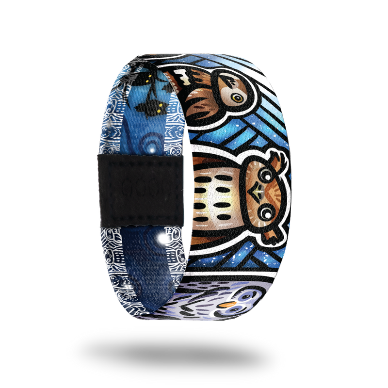 Bastion-Sold Out-ZOX - This item is sold out and will not be restocked. Blue sky with black diagonal lines all over. Brown and white owls all over. Inside is a solid blue with black silhouette of owls and glowing eyes and says Bastion. 