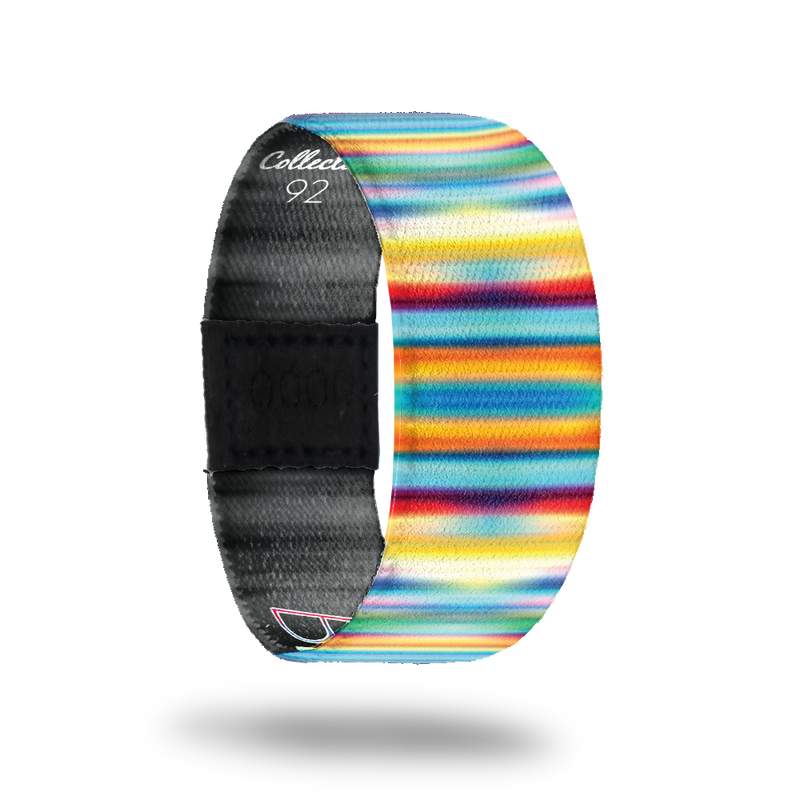 Be Yourself-Sold Out-ZOX - This item is sold out and will not be restocked. Multicolored horizontal lines all over with a blur over top. Inside is black and says Be Yourself. 