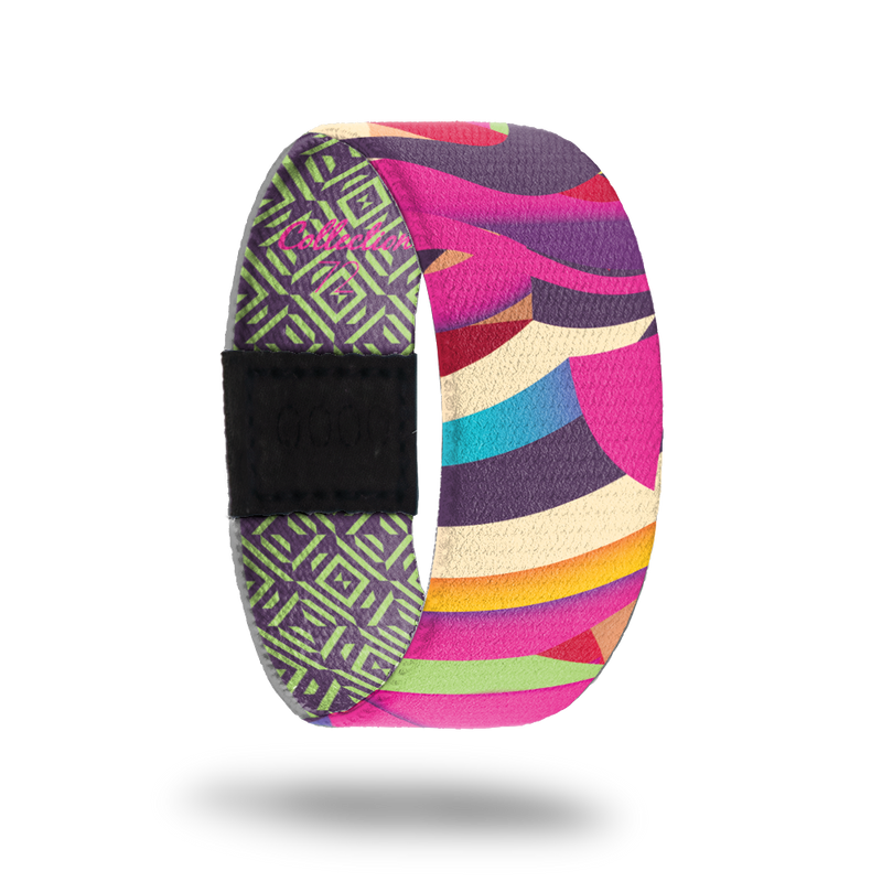 Beyond-Sold Out-ZOX - This item is sold out and will not be restocked. Outside is various abstract lines in bright colors. Inside is lime green and dark purple checkers and reads Beyond. 