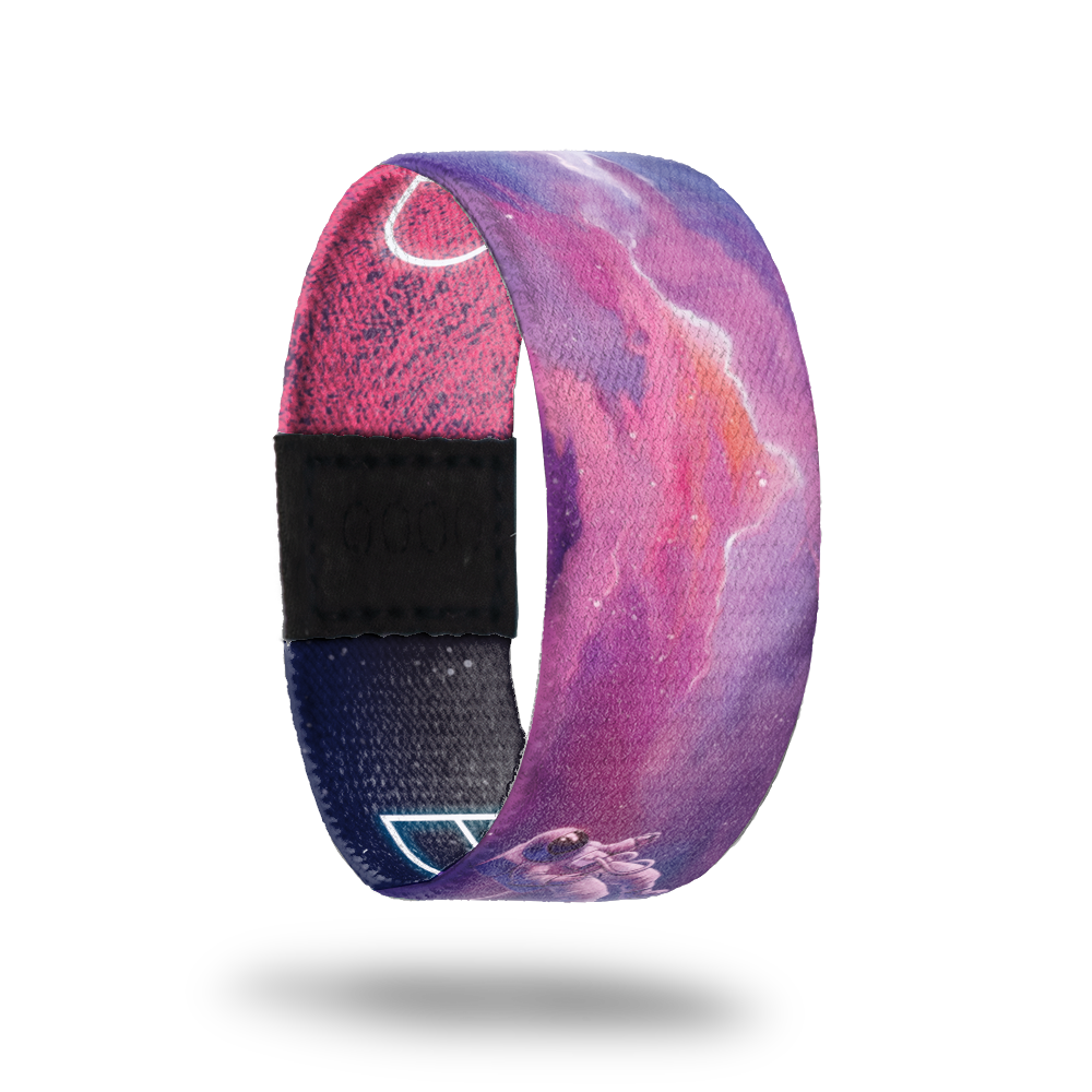 Beyond The Stars-Sold Out-ZOX - This item is sold out and will not be restocked. Pink and purple space sky with small astronaut flying through. Inside is the same and reads BEYOND in glowing letters. 