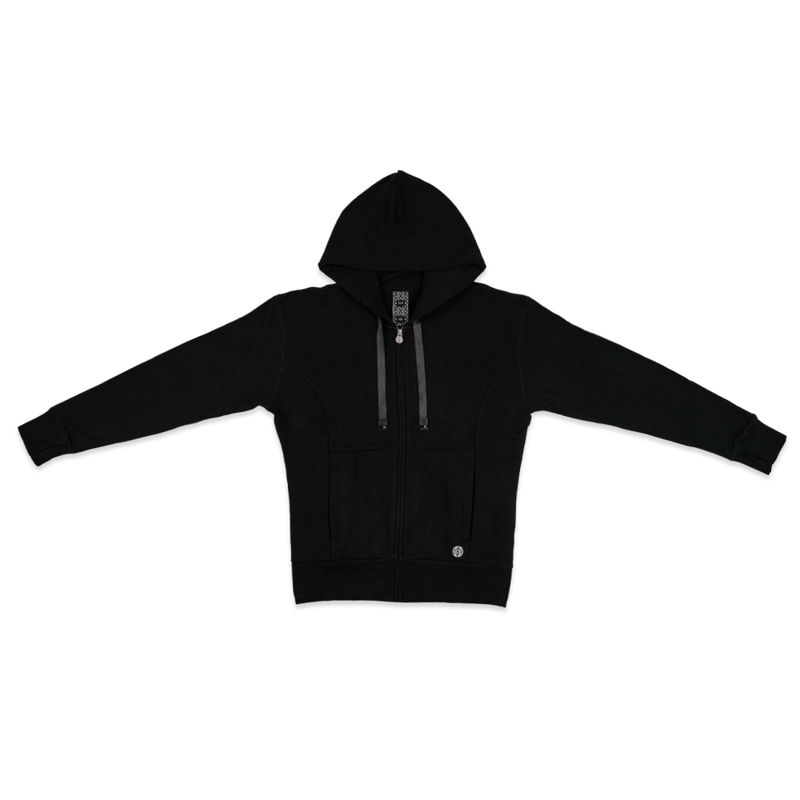 Imperial zip up hoodie. All black with a kangaroo pocket and a silver/metal zipper. The hoodie comes with an all black string that can be changed out with any other ZOX hoodie string. 