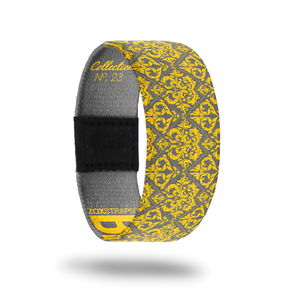 Blessed.-Sold Out-ZOX - This item is sold out and will not be restocked. Base is greay with a bright yellow damask design all over.Inside is all grey and reads BLESSED in yellow block letters.  
