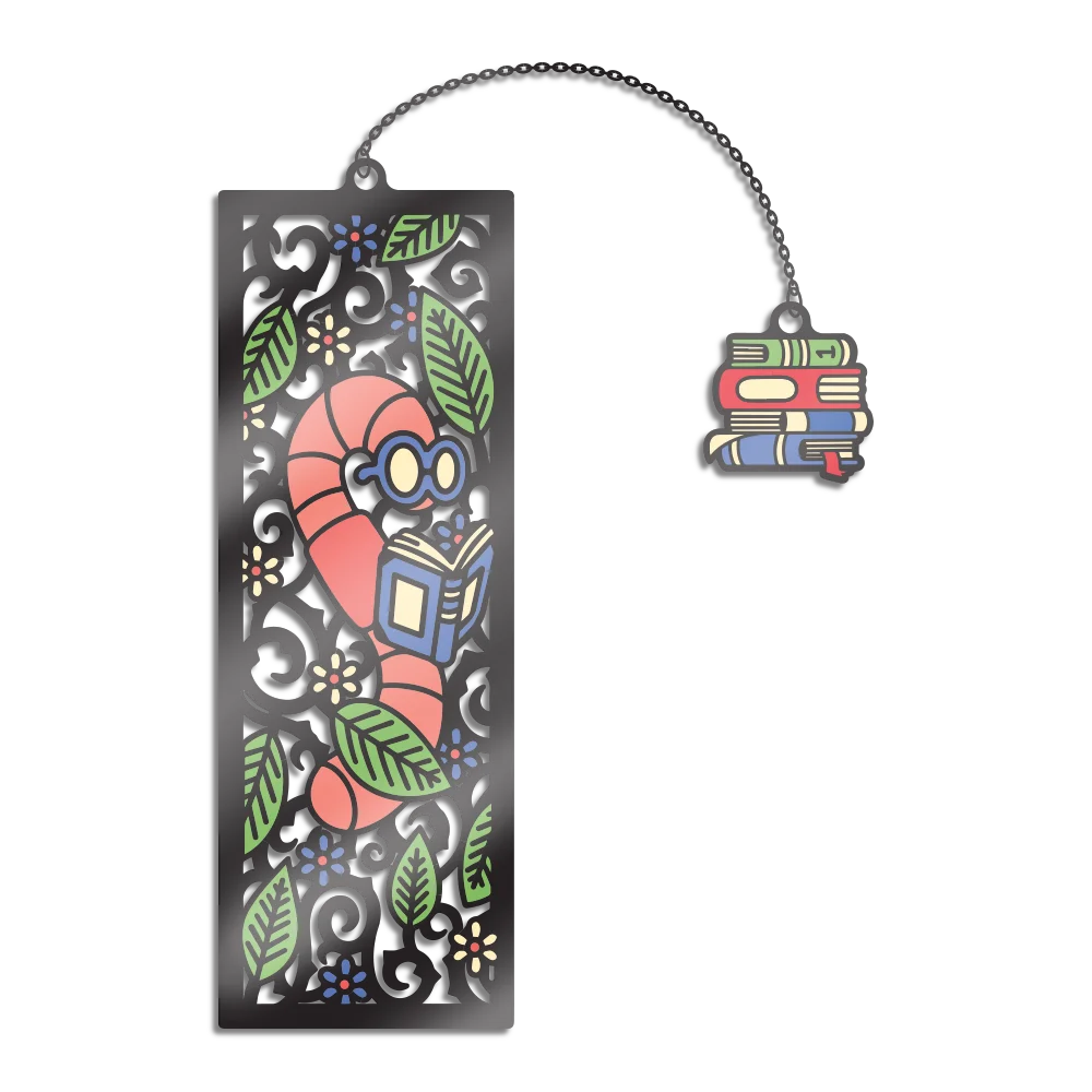 A copper plated/thing metal bookmark. The cutout design is ornate with flowers and a red worm with reading glasses on, reading a blue book. Has a tassel place holder that has a stack of colored books at the end. 