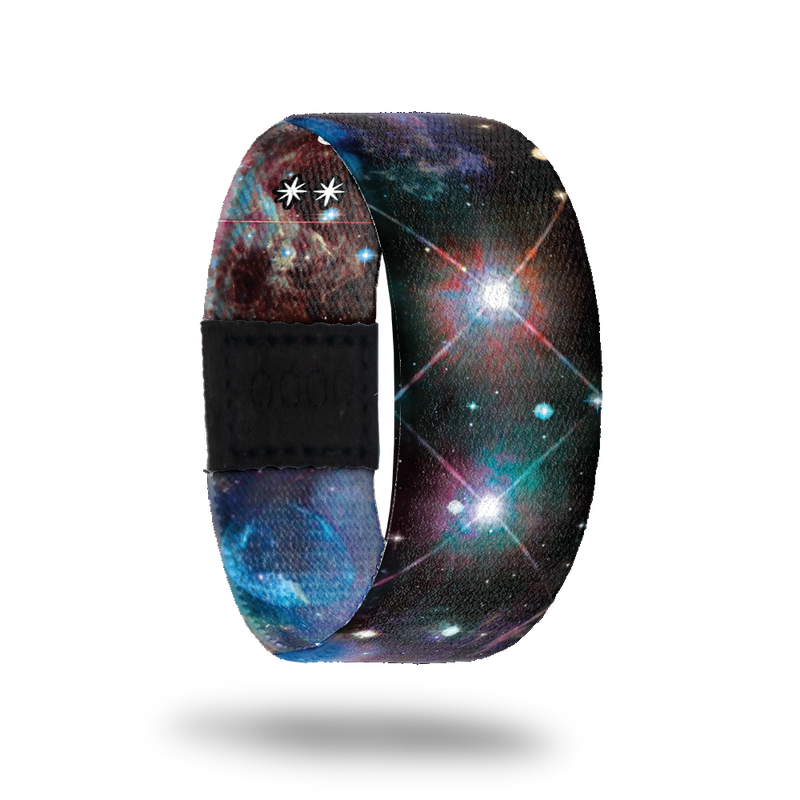 This is a reward item and not purchasable. It is a reversible strap and the design is a blue, green, purple and black nebula. The inside is the same and reads Bound & Determined. 