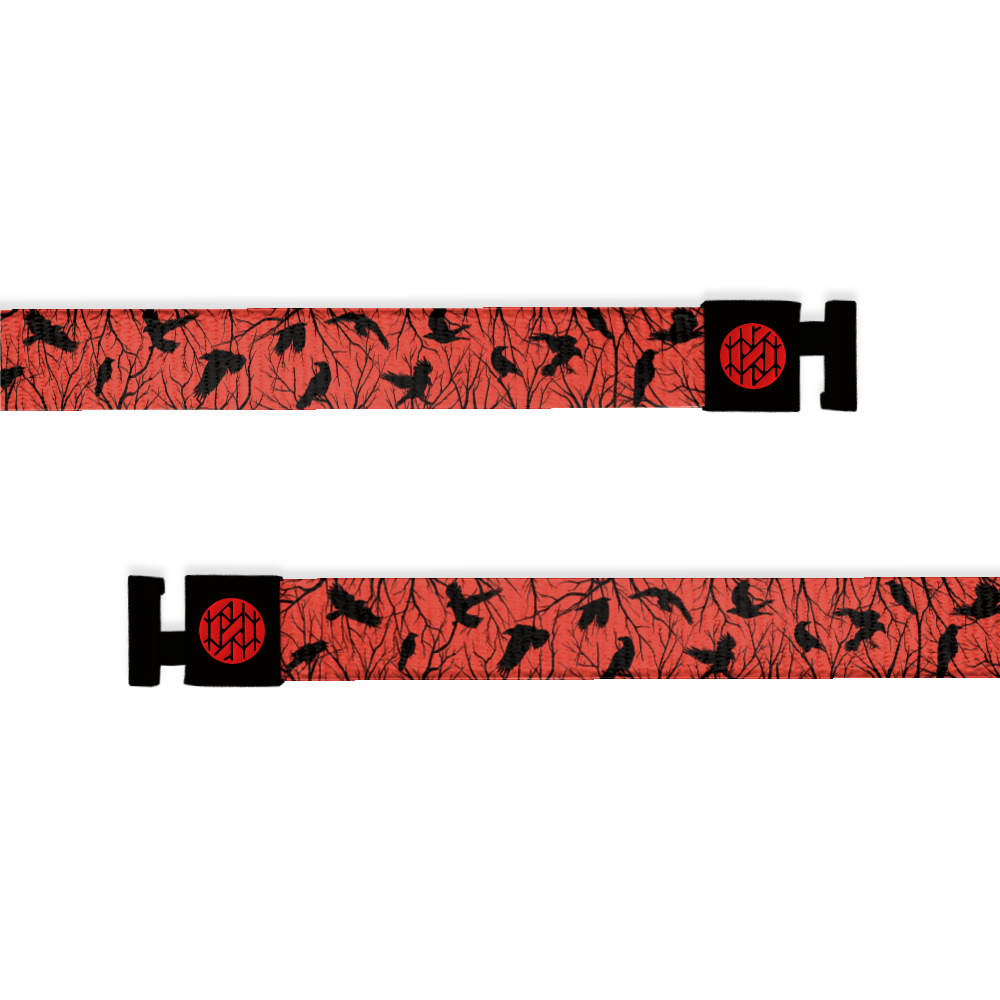 This is a hoodie string and only compatible with ZOX hoodies.  The design is bright red with black dying trees and black silhouettes of crows all in the trees. It has black and red aglets. 