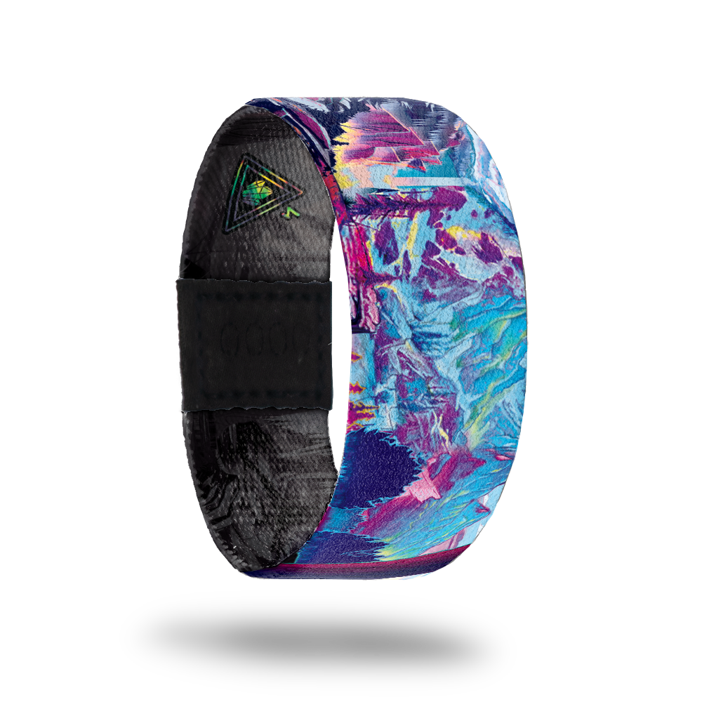 Collect Moments-Sold Out-ZOX - This item is sold out and will not be restocked. A watercolor image of a forest scene with mountains. Colors are bright blue, pink, purple and accents of yellow. Inside is all black and says Collect Moments. 