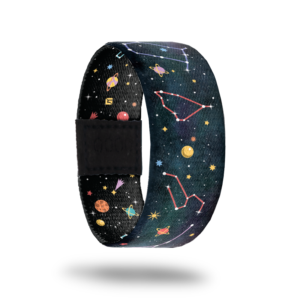 Constellations-Sold Out-ZOX - This item is sold out and will not be restocked. Black strap with little planets, moons and stars forming colorful constellations all over. Inside is the same and says Constellations. 