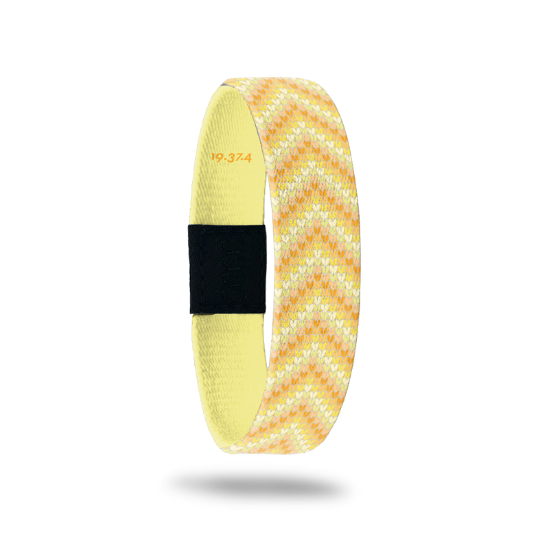 Delight-Sold Out - Singles-ZOX - This item is sold out and will not be restocked. Design looks like crossstiched hearts in a Chevron pattern in various shades of yellow. Inside is plain yellow and says Delight with a bible verse number inside. 