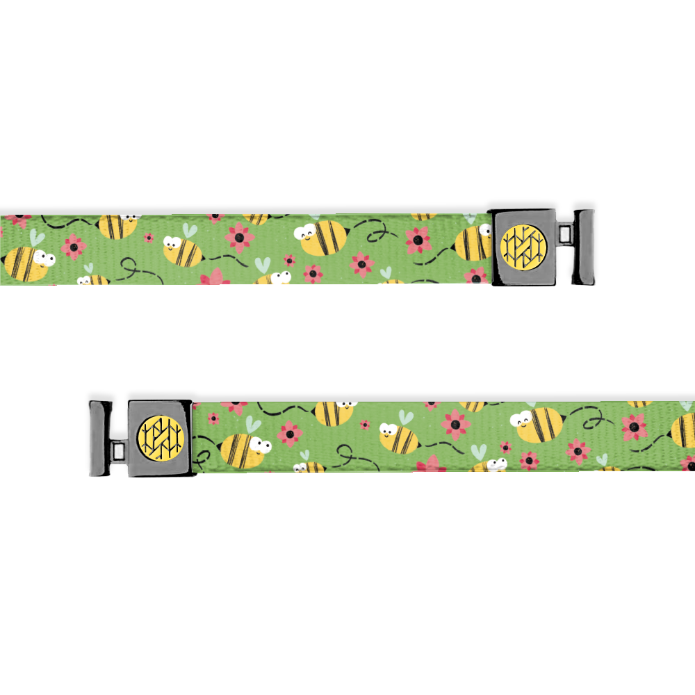 Bright green with cute bumble bees flying all over, surrounding pink flowers. Has gunmetal aglets with a yellow ZOX logo.