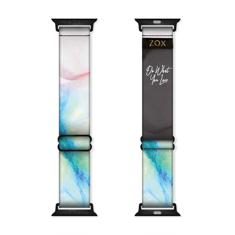ZOX watchband with a marbled design. Mostly white with some light pink, teal and blue swirls. Inside is the same and says Do What You Love but is not reversible. Check the size guide for compatible watches. 