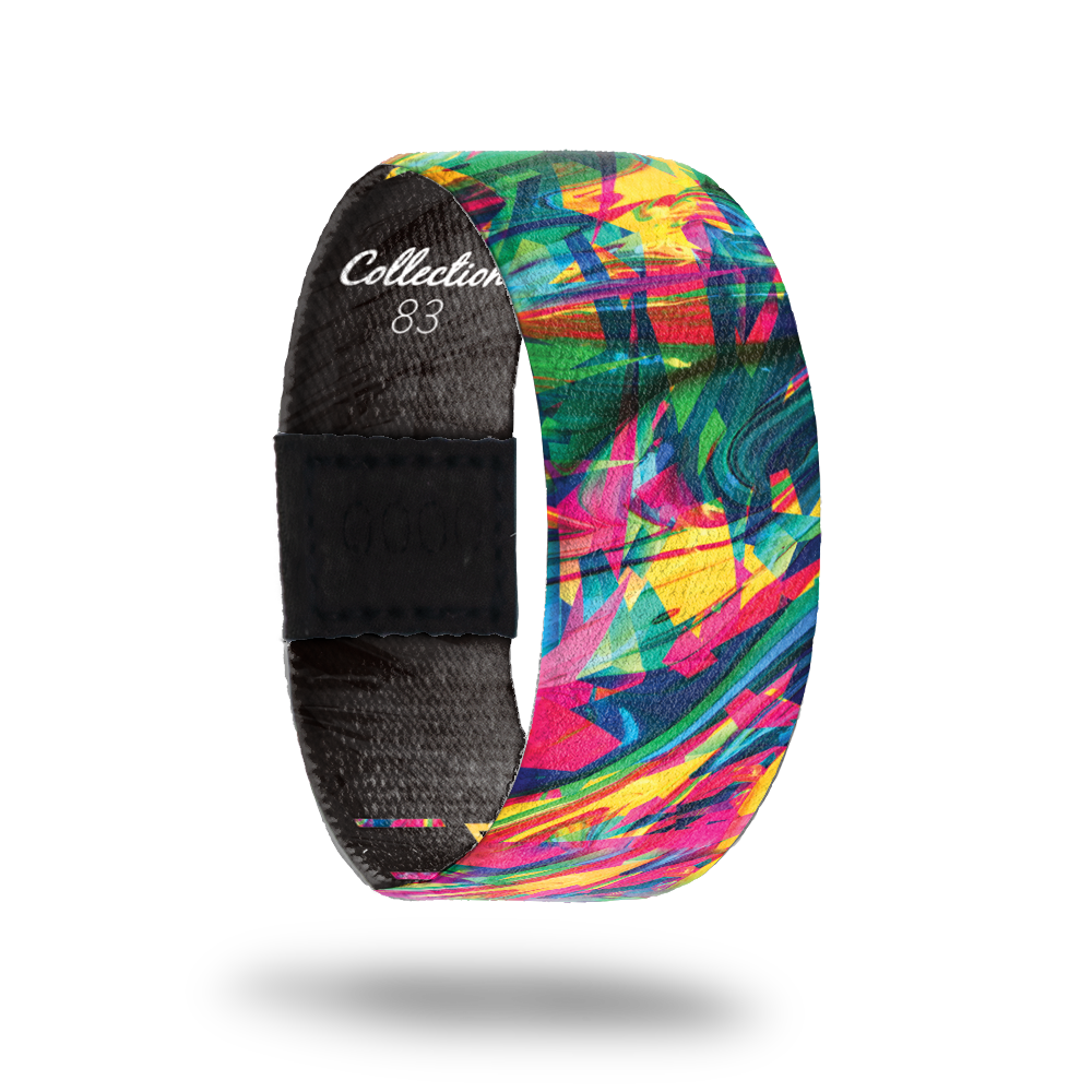 Dreaming in Color-Sold Out-ZOX - This item is sold out and will not be restocked. Outside Design An abstract mix of neon green, red, magenta, light blue, dark blue, yellow, and teal. Inside Design Black with 'Dreaming in Color' typography cutout from the front pattern and outlined in white.
