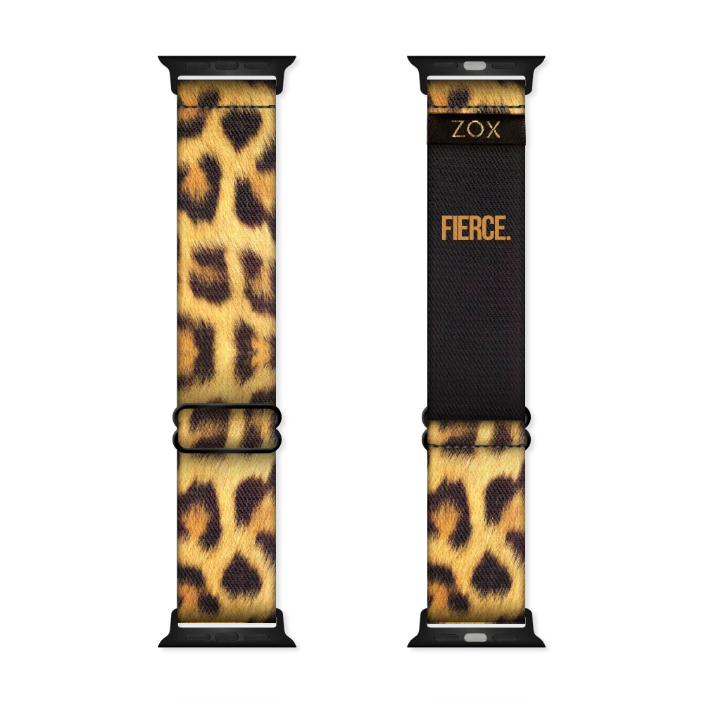 ZOX watchband with a cheetah print all over entire band. Inside reads Fierce. Check size guide for compatible watches. 
