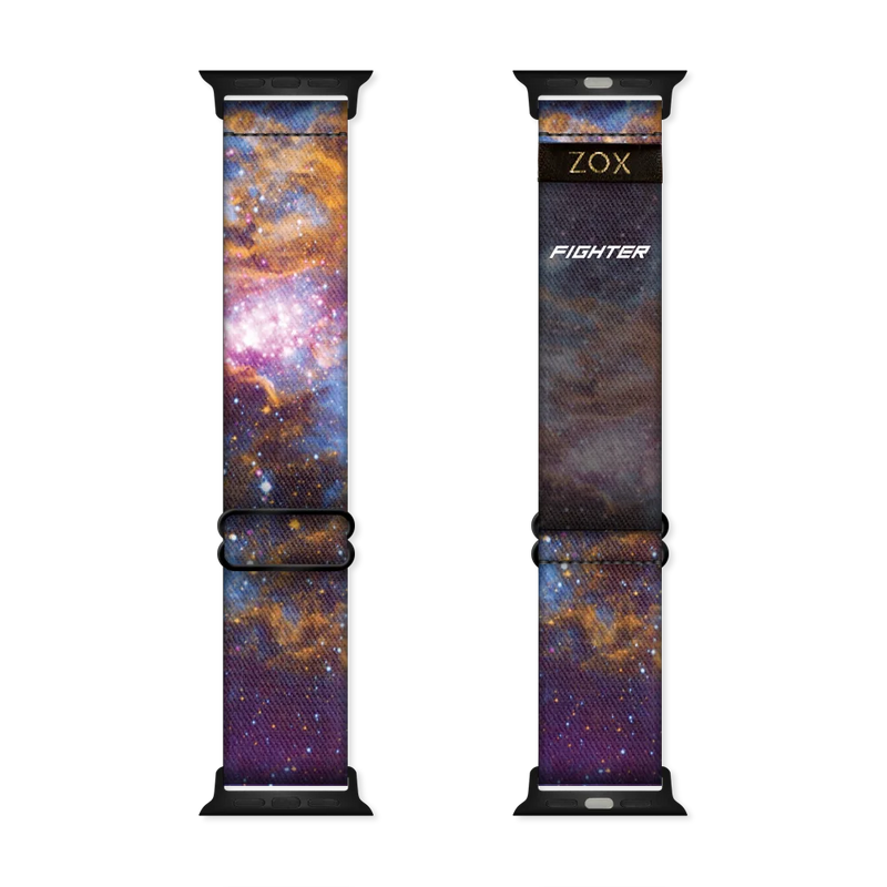 Watchband with a spacey design of purple, gold, yellow, white and blue. White stars all over. Inside reads Fighter. Check size guide for compatible watches. 