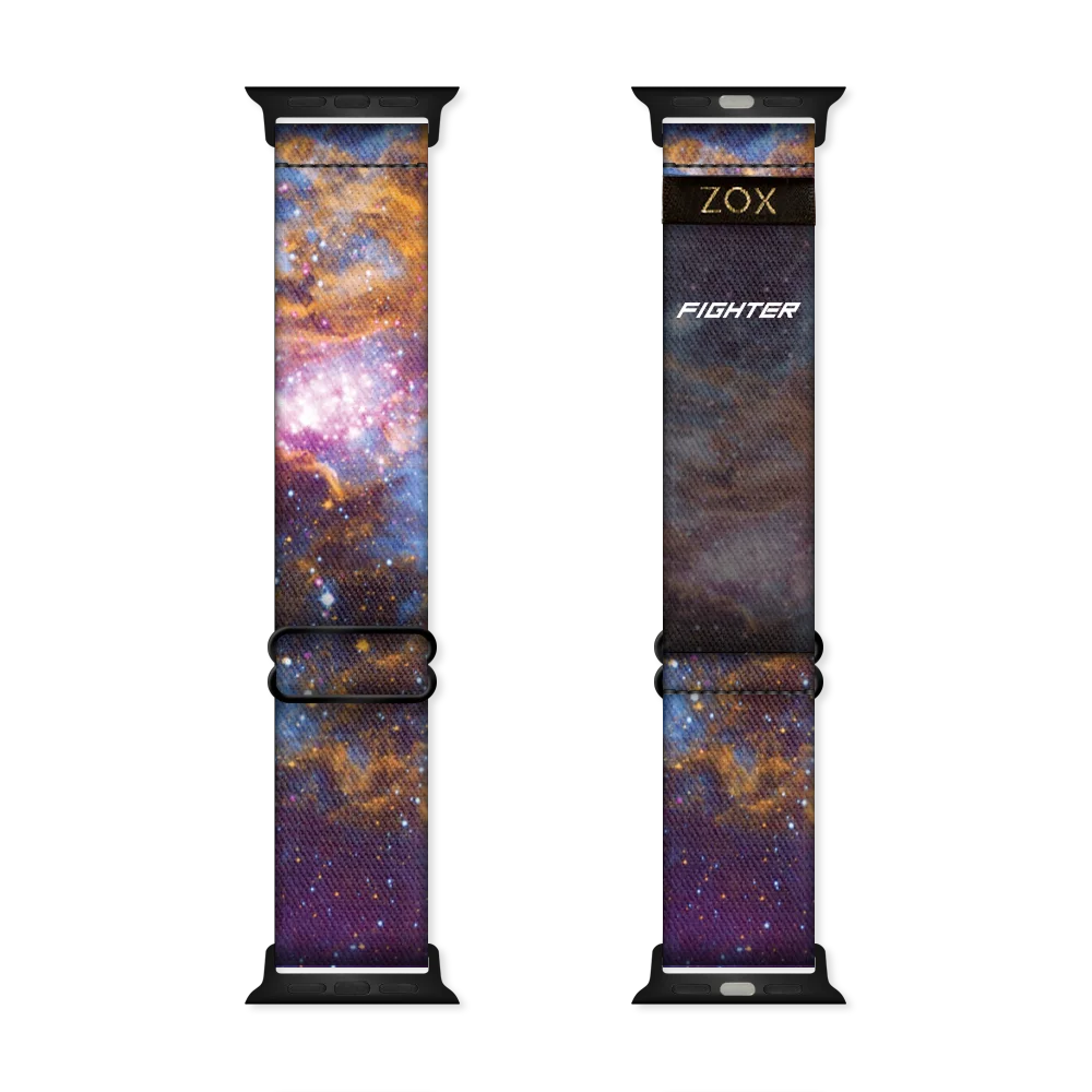 Watchband with a spacey design of purple, gold, yellow, white and blue. White stars all over. Inside reads Fighter. Check size guide for compatible watches. 