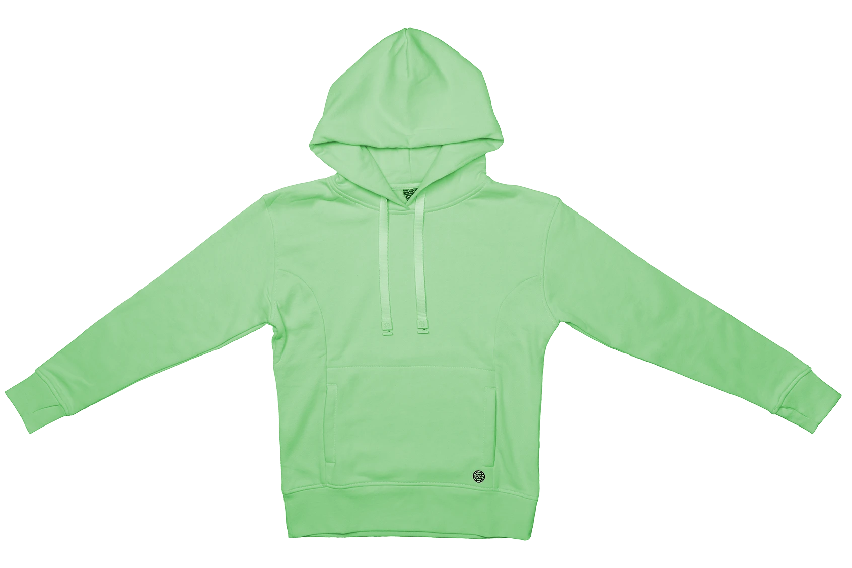 Pullover hoodie with a kangaroo pocket and thumholes in the sleeves. Comes in solid bright green and has a matching green hoodie string. 