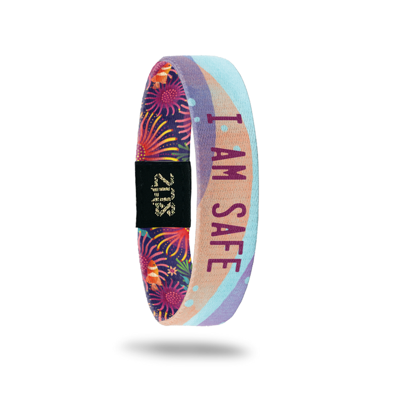 Inside Design of I Am Safe: light blue, pink, and purple ocean current design with dark pink text ‘I Am Safe’