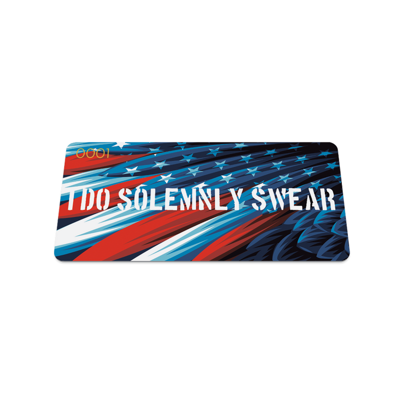 Front collector's card image of I Do Solemnly Swear: colorful illustration of bald eagle with the colors and pattern of the United States flag on it's wing with 'I Do Solemnly Swear' in bold white text