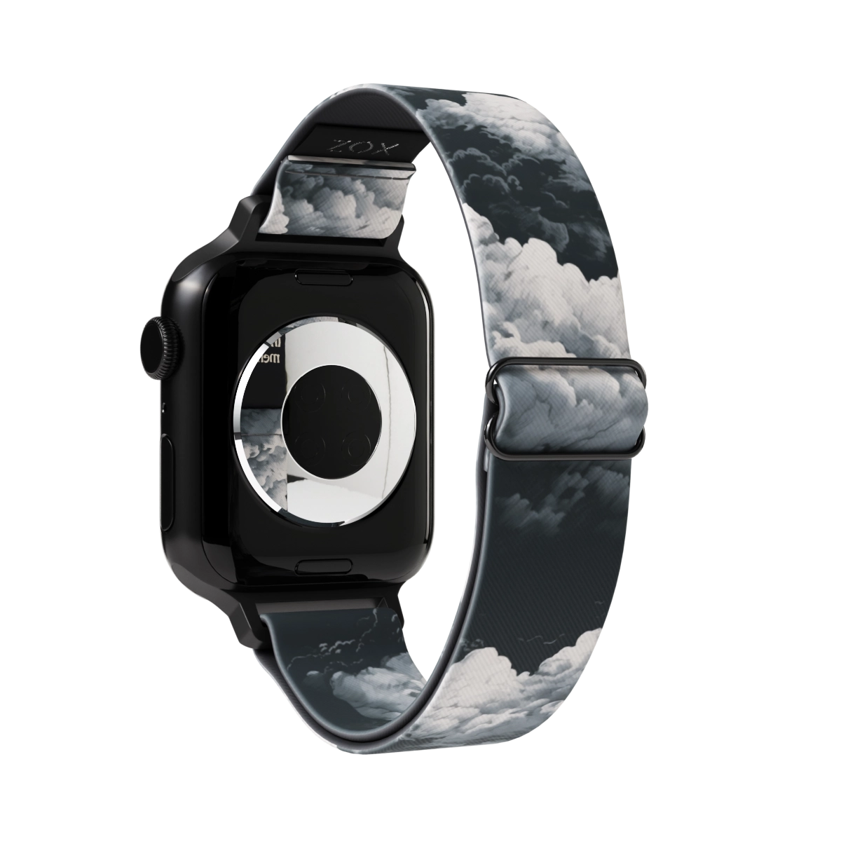 Watchband with grey and white clouds all over. The same design inside and reads In Loving Memory. Check the size guide for compatible watches.