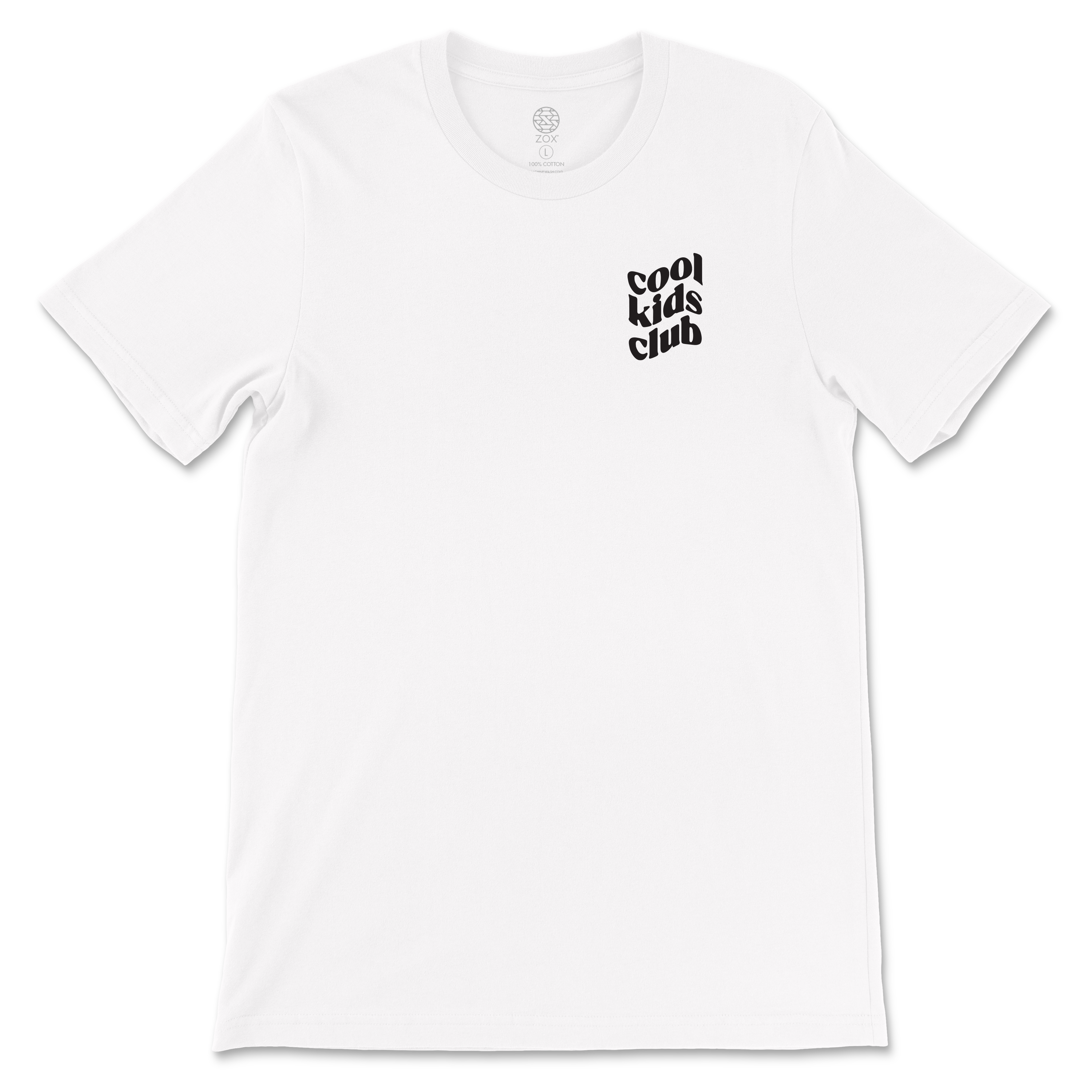 This is a white crew neck tshirt. The left chest reads Cool Kids Club in a wavy font and the back is a large smiley face in yellow. Around the face it reads It's Still Cool To Be Kind. 