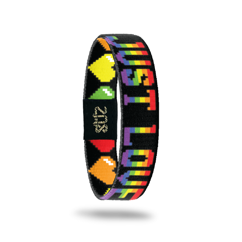 Inside Design of Just Love: black background with rainbow 8-bit text ‘Just Love’