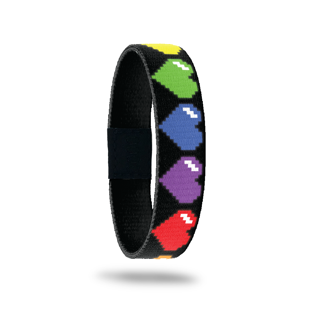 Outside Design of Just Love: black background with rainbow 8-bit digital hearts