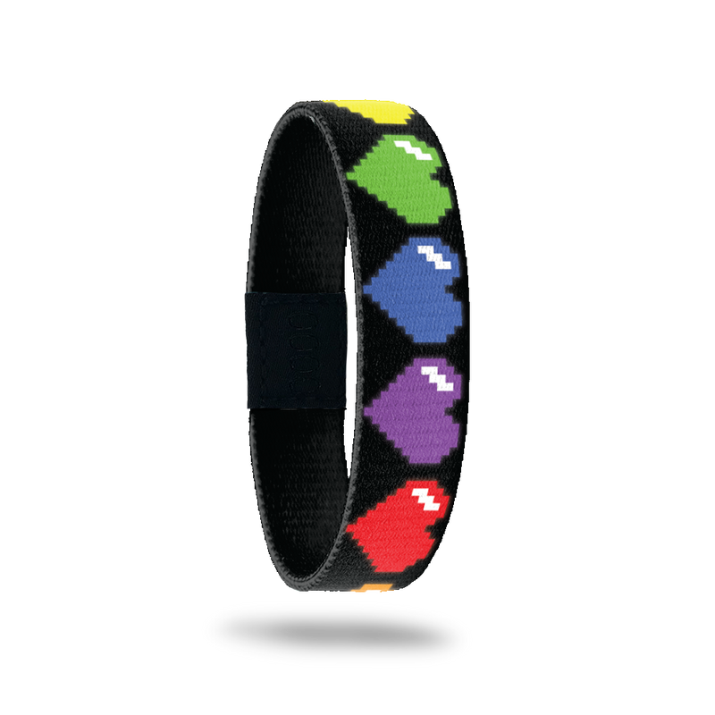 Outside Design of Just Love: black background with rainbow 8-bit digital hearts