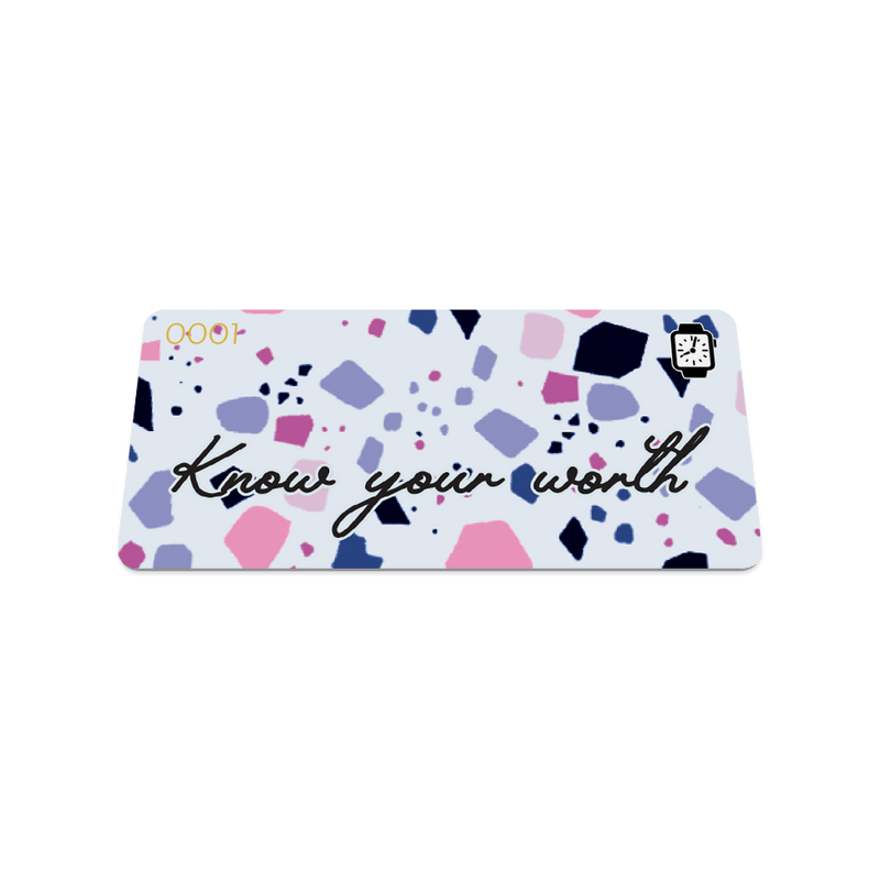 Know Your Worth, terrazzo pattern, pink and purple watchband.  Card front.