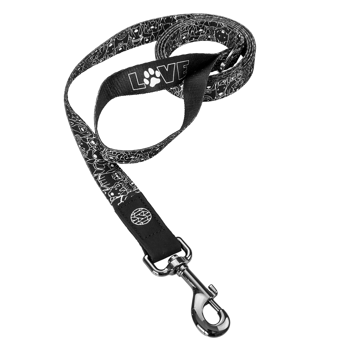A dog leash with a metal pull-down attachment clip and a hook end for handler's hand. The design is black with all white outlines of differetn dogs. The inside of the hoop handle says LOVE with a dog print for the O. 