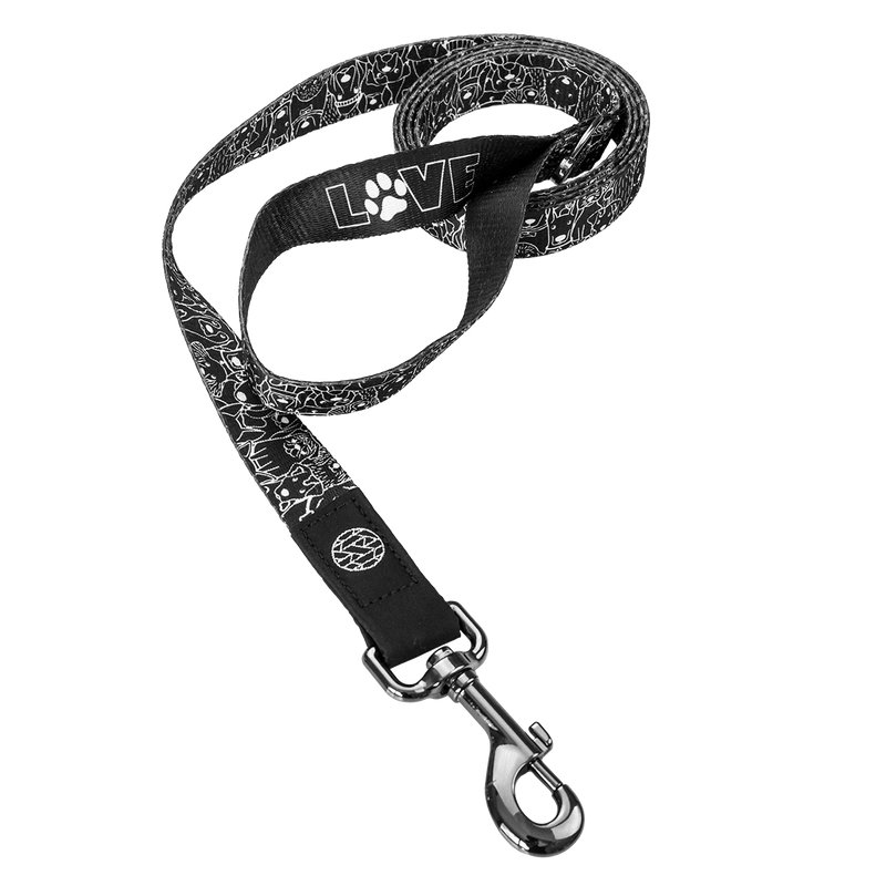 A dog leash with a metal pull-down attachment clip and a hook end for handler's hand. The design is black with all white outlines of differetn dogs. The inside of the hoop handle says LOVE with a dog print for the O. 