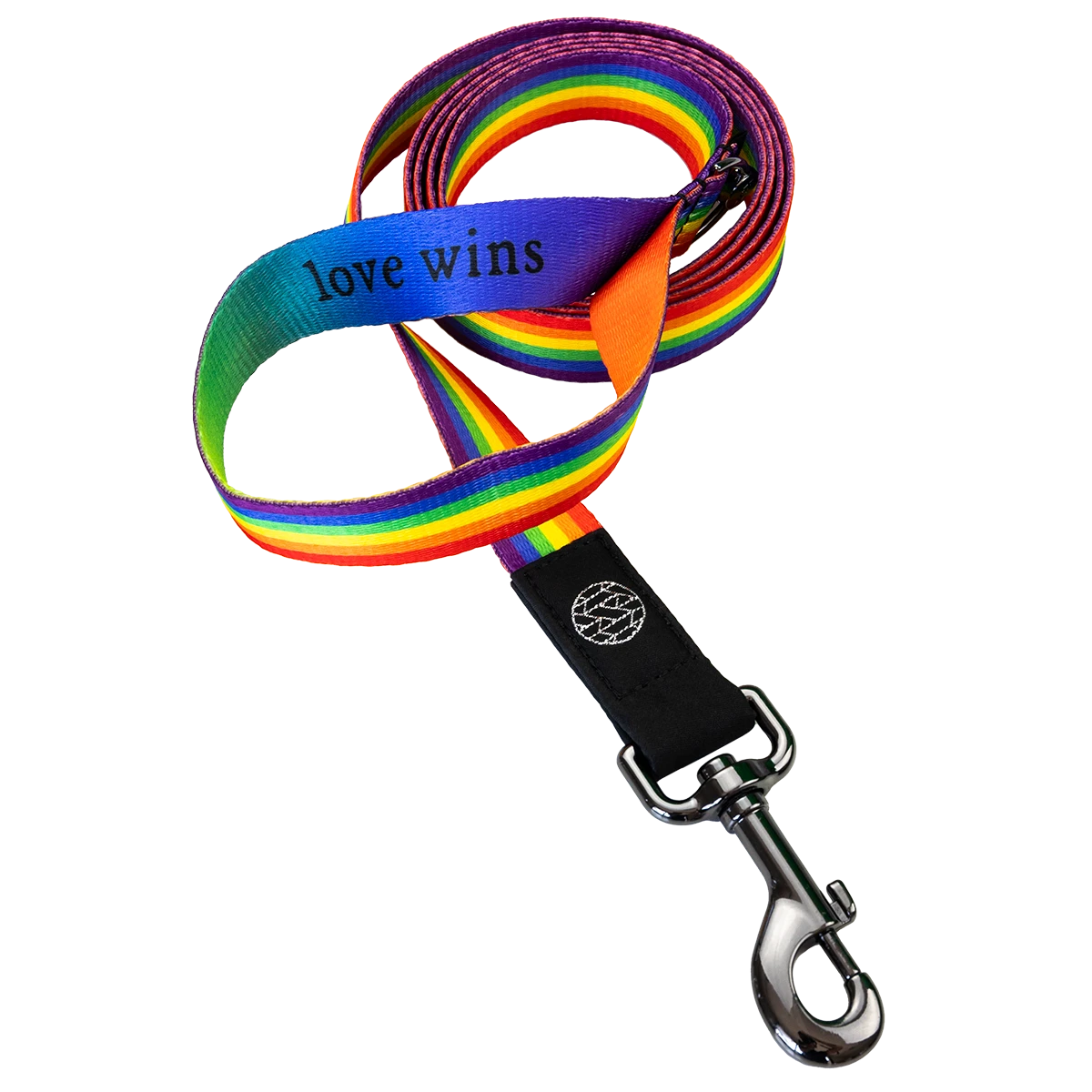 Dog Leash is a brightly colored rainbow. Leash has a metal pull-down clip and a hoop handle. The handle says Love Wins.