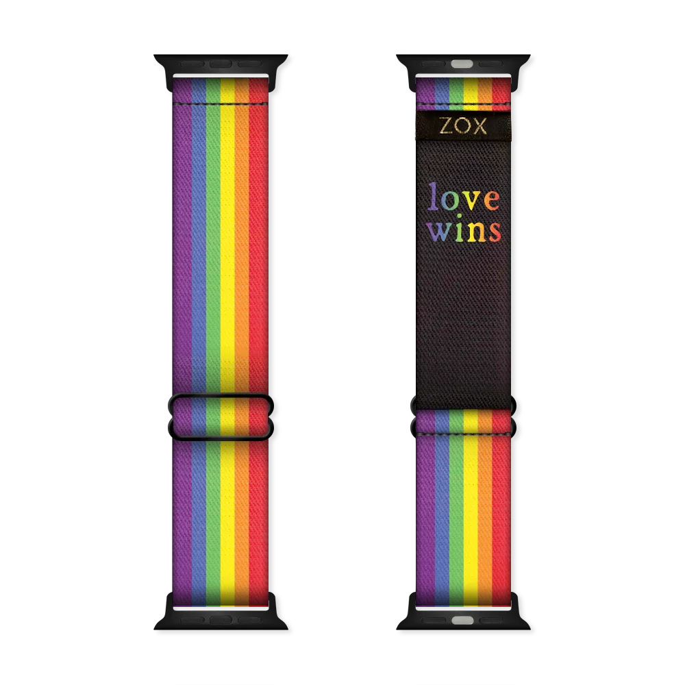 Watchband with a brightly colored rainbow. The inside is the same and reads Love Wins. Check the size guide for compatible watches. 