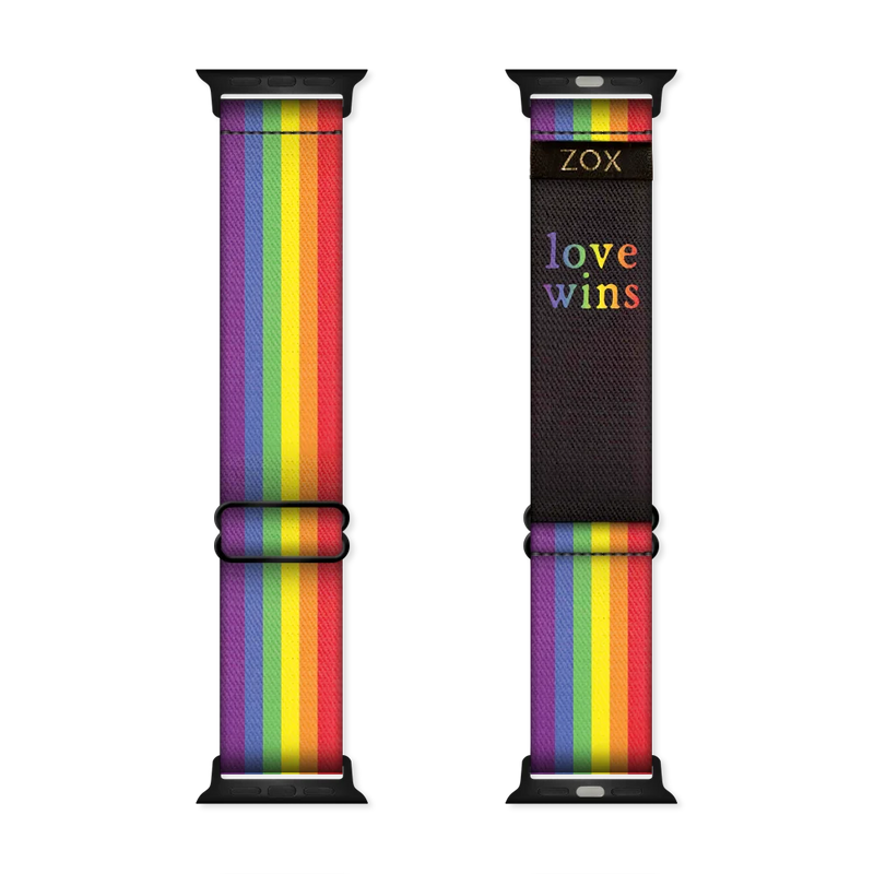Watchband with a brightly colored rainbow. The inside is the same and reads Love Wins. Check the size guide for compatible watches. 