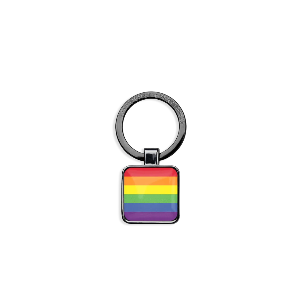 ZOXlox has a keyring on one end and a square connector on the other end which olds your wristband single to make into a keychain. The design is a rainbow and the other side says Love Wins. 