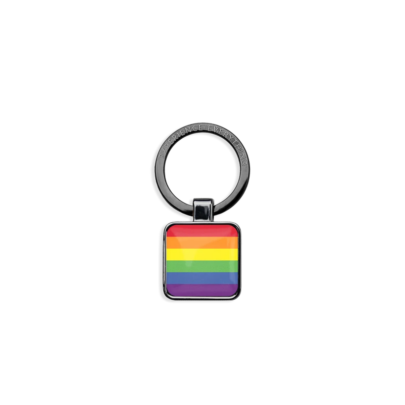 ZOXlox has a keyring on one end and a square connector on the other end which olds your wristband single to make into a keychain. The design is a rainbow and the other side says Love Wins. 