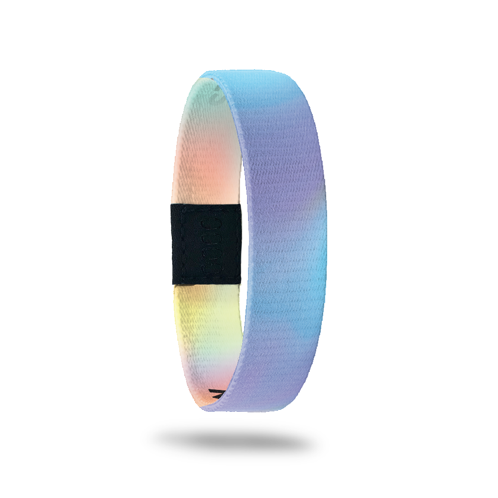 Wristband single with a blue and purple gradient plain design on the outside. The inside is orange and yellow gradient and says Make Some Memories. 