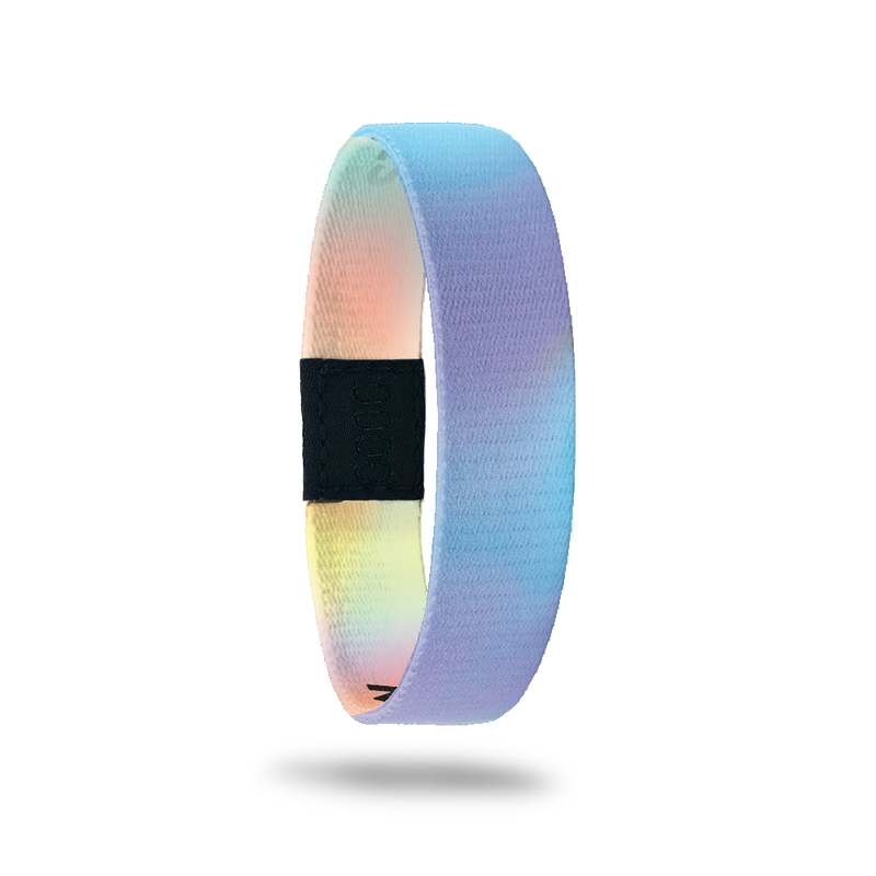 Wristband single with a blue and purple gradient plain design on the outside. The inside is orange and yellow gradient and says Make Some Memories. 