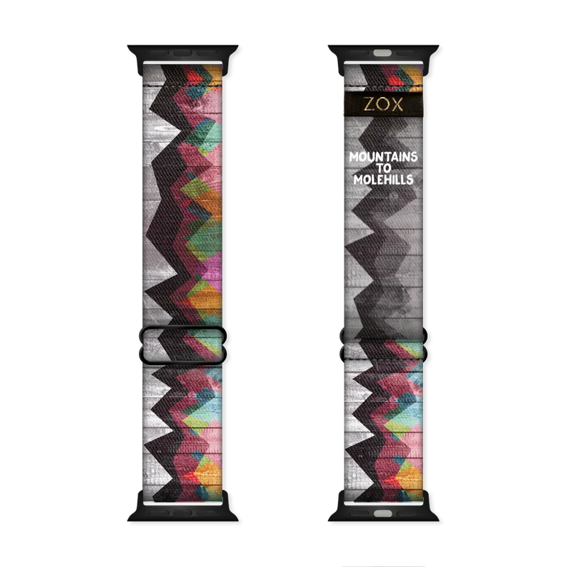 Watchband with two design in one. The background design is a black and grey weathered picket fence and has a grainy look to it. Over top about 3/4 showing, is abstract mountains of varying colors. The inside is the same design and reads Mountains to Molehills. Check out the size giude for compatible watches. 