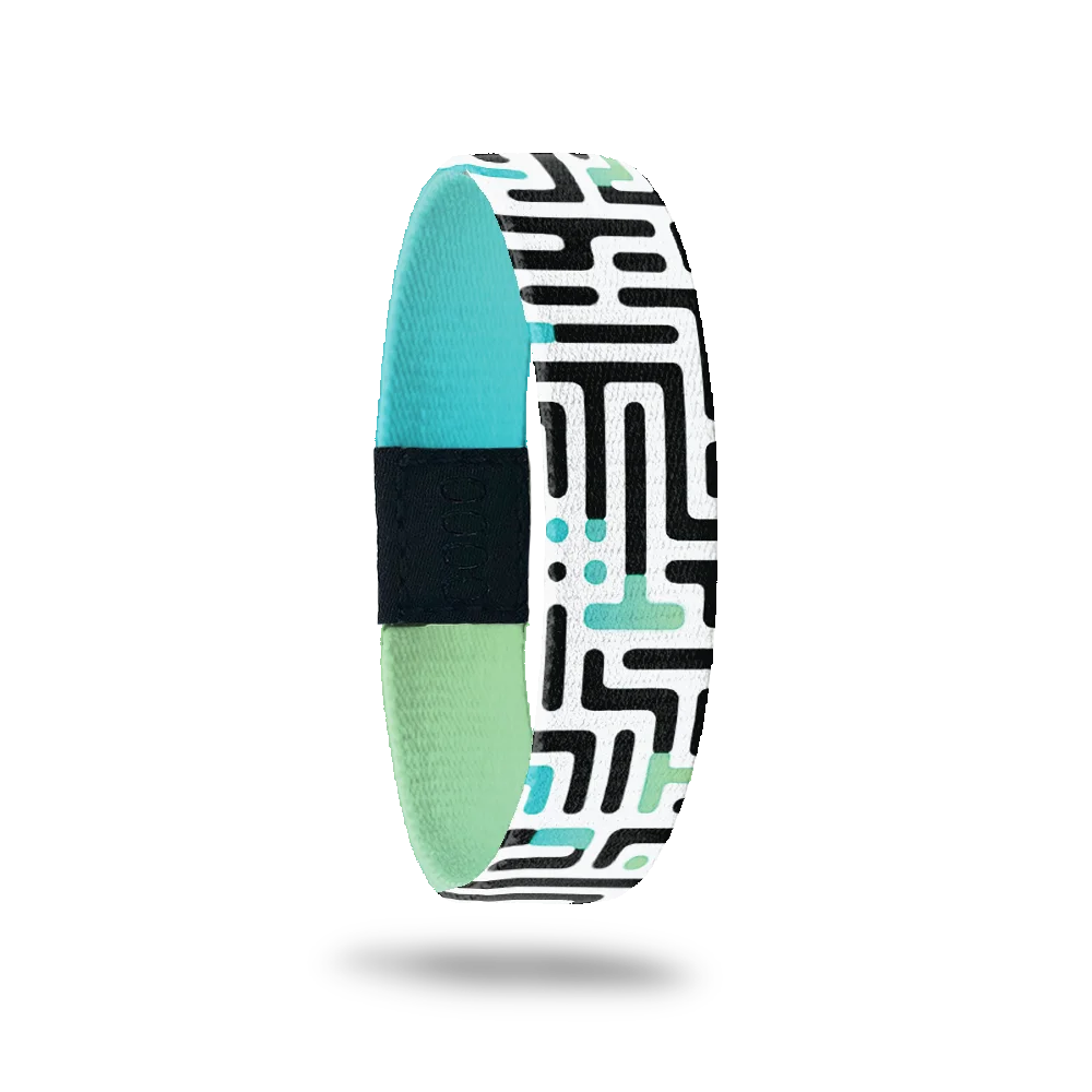 Wristband single. This design has an underlying green and teal gradient effect with black and white maze on top. The inside is the same gradient and reads Never Lose Hope.