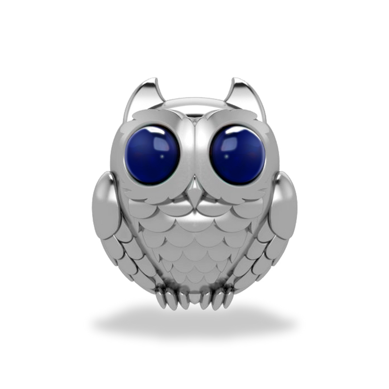 This is a charm that fits ZOX single wristbands, lanyards and hoodie strings only. It is made from stainless steel and is silver in color. The design is a sitting owl with big dark blue eyes.