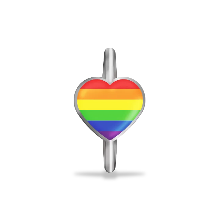 This is a charm that fits ZOX single wristbands, lanyards and hoodie strings only. It is made from stainless steel and is silver in color.  The design is a heart with the colors of the rainbow going horizontal to the heart shape. 
