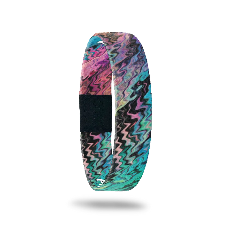 Wristband single with pink, purple, blue, teal, black and read abstract paint swirls. The inside is the same and reads Progress Not Perfection. 