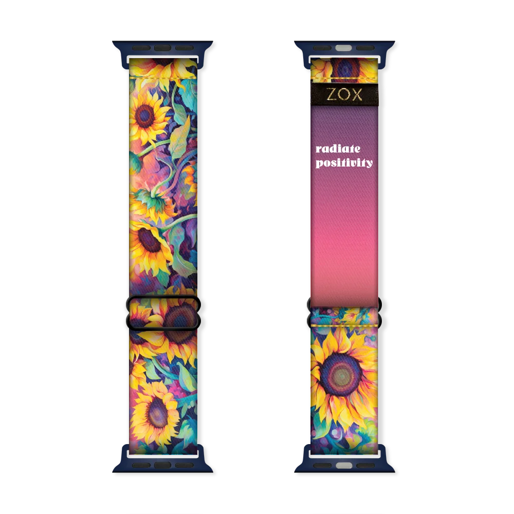 Watchband with very bright and neon sunflowers with vines of blue, purple, pink. The inside is purple to yellow gradient and reads Radiate Positivity.