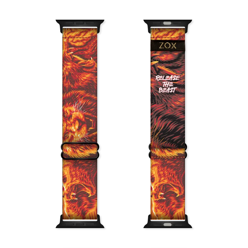 Watchband design of a red and orange close-up of several lions with mouths open, roaring. The inside is the same and reads Release The Beast. 